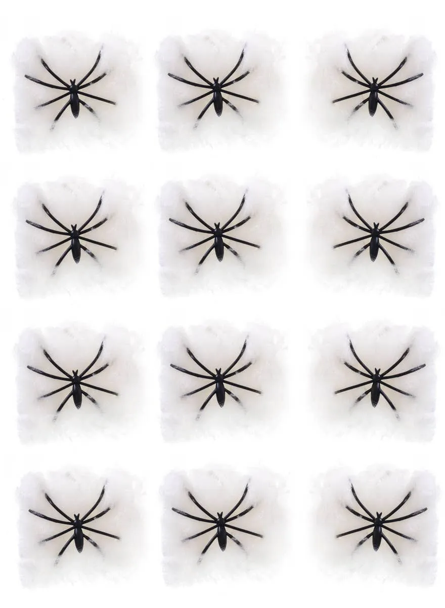 12 Pack Mini Black Spiders with Mini Webs Halloween Decoration
