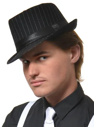 1920s Adults Black Gangster Trilby Hat with White Pinstripes