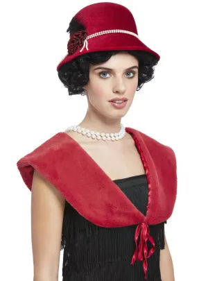 1920s Berry Red Faux Fur Shawl and Hat Costume Set