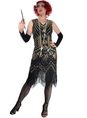 1920s Black and Gold Sequin Womens Gatsby Dress Costume