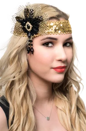 1920s Black and Gold Sequinned Flapper Headband
