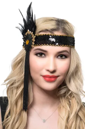 1920s Black and Gold Tasselled Flapper Headband