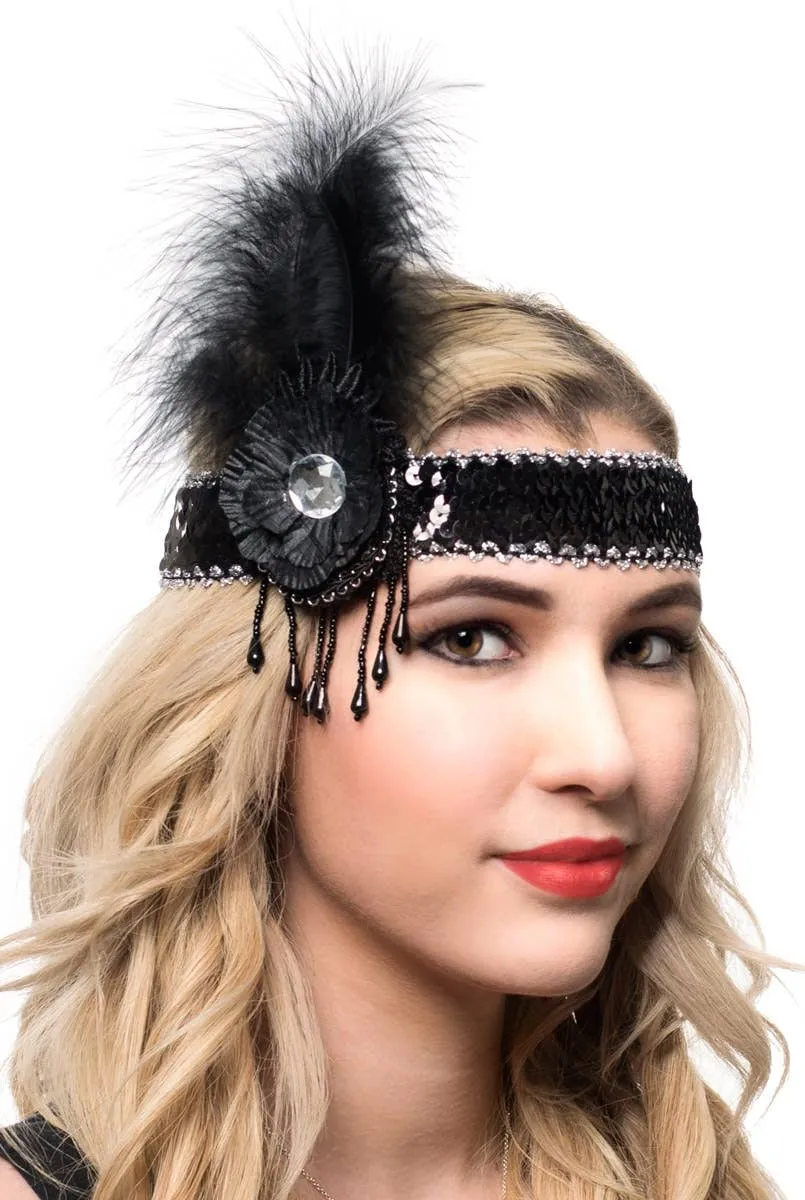1920s Black and Silver Feather Flapper Headband