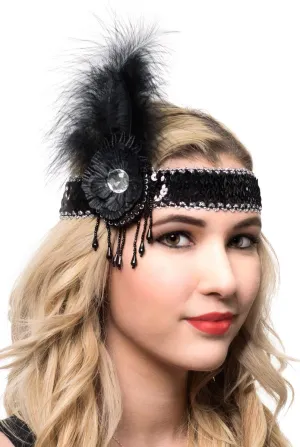 1920s Black and Silver Feather Flapper Headband
