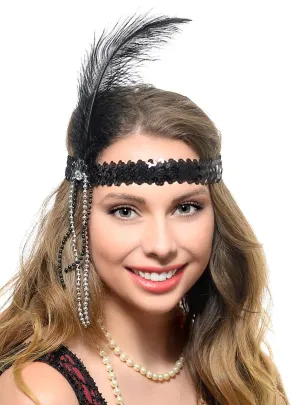 1920s Black Feather Flapper Headband with Beads