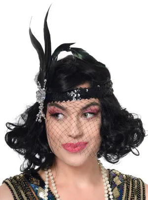 1920s Black Flapper Headband with Feather and Veil