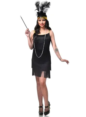 1920s Black Fringed Womens Flapper Dress Costume