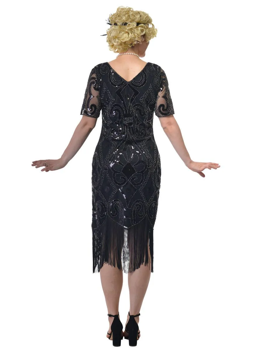 1920s Black Sequinned Womens Gatsby Dress with Short Sleeves