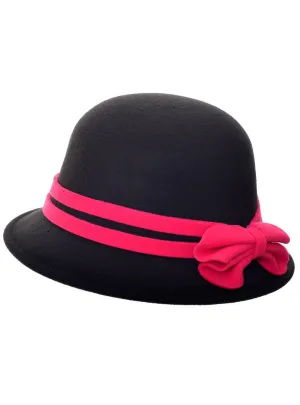 1920s Black Woollen Look Cloche Costume Hat with Pink Band