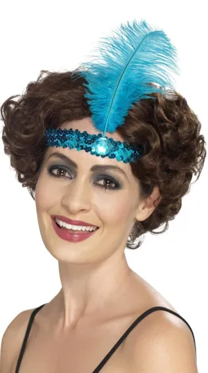1920s Blue Sequin Flapper Headband with Feather