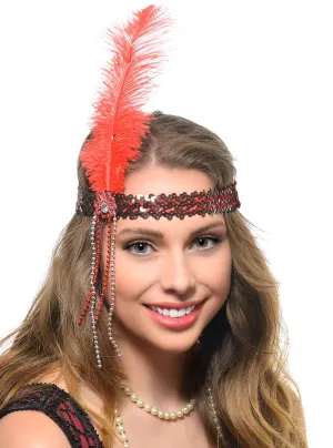 1920s Bright Red Feather Flapper Headband with Beads