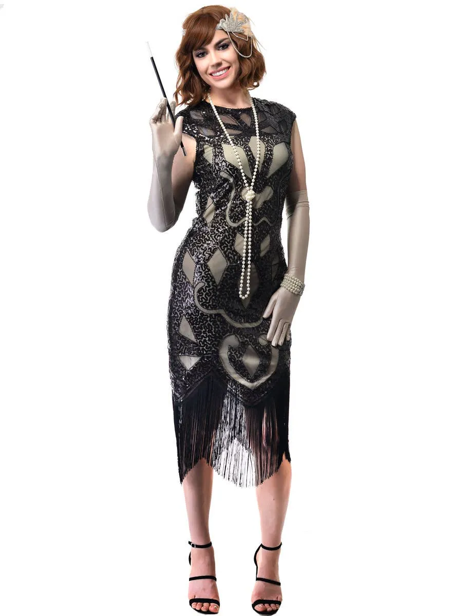 1920s Cream and Black Sequinned Womens Gatsby Dress Costume
