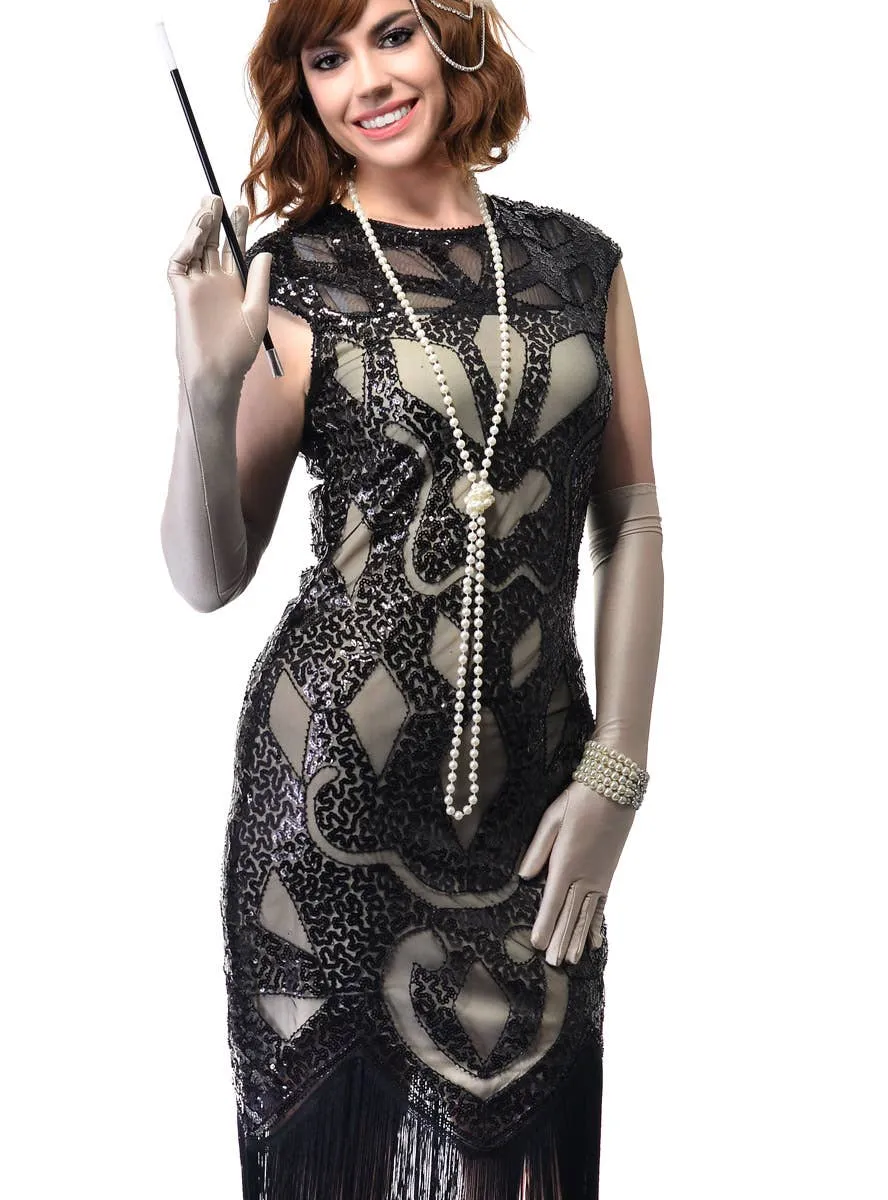1920s Cream and Black Sequinned Womens Gatsby Dress Costume