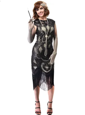 1920s Cream and Black Sequinned Womens Gatsby Dress Costume