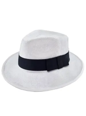 1920s Crushed Velvet White Fedora Hat with Black Band