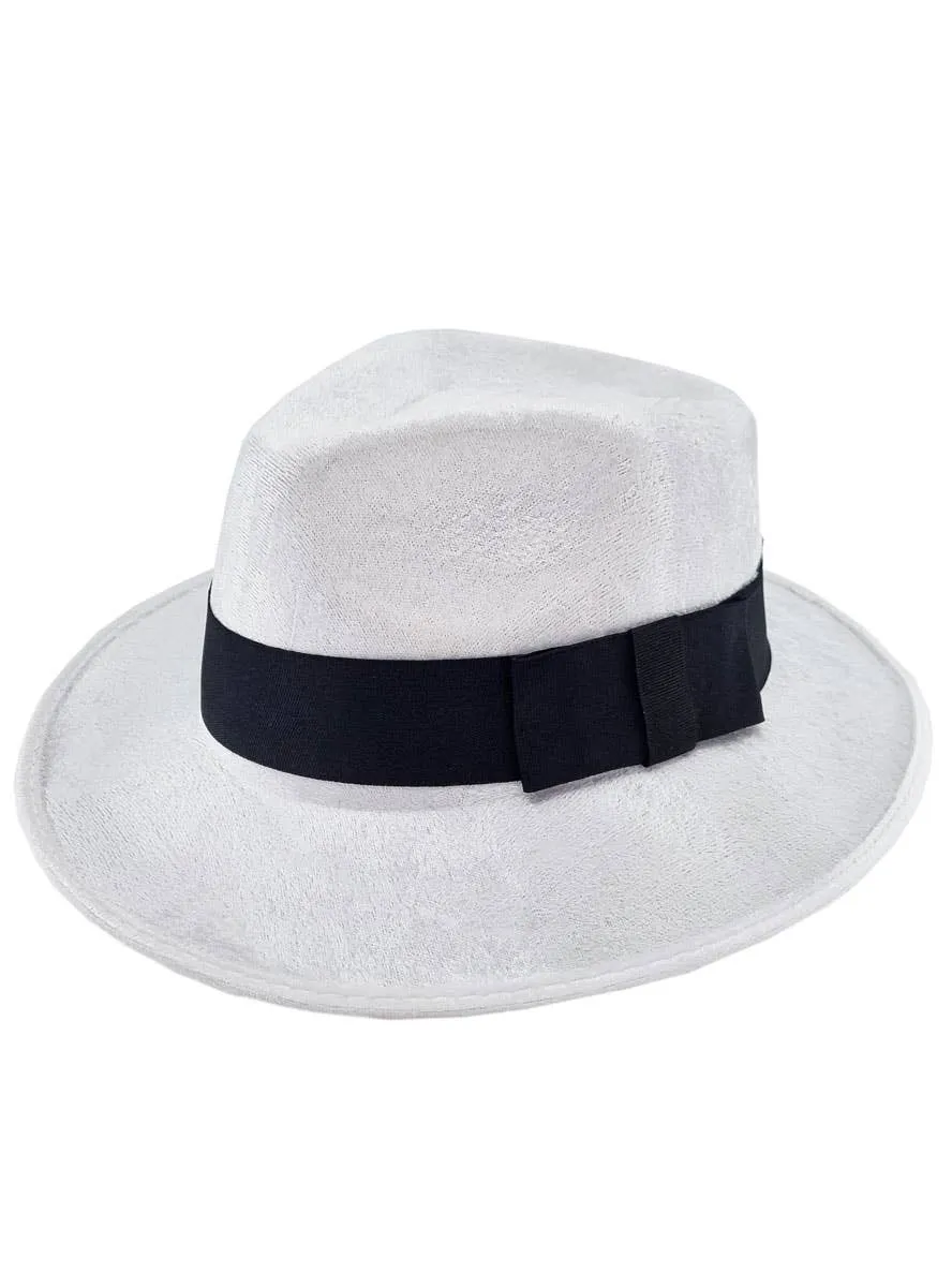 1920s Crushed Velvet White Fedora Hat with Black Band
