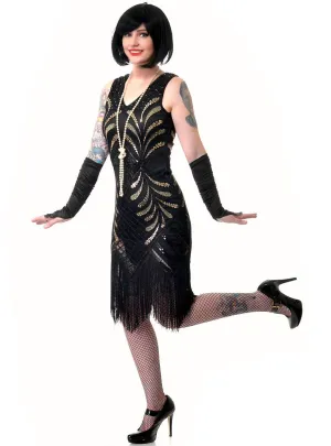 1920s Deluxe Black and Gold Sequin Womens Gatsby Costume