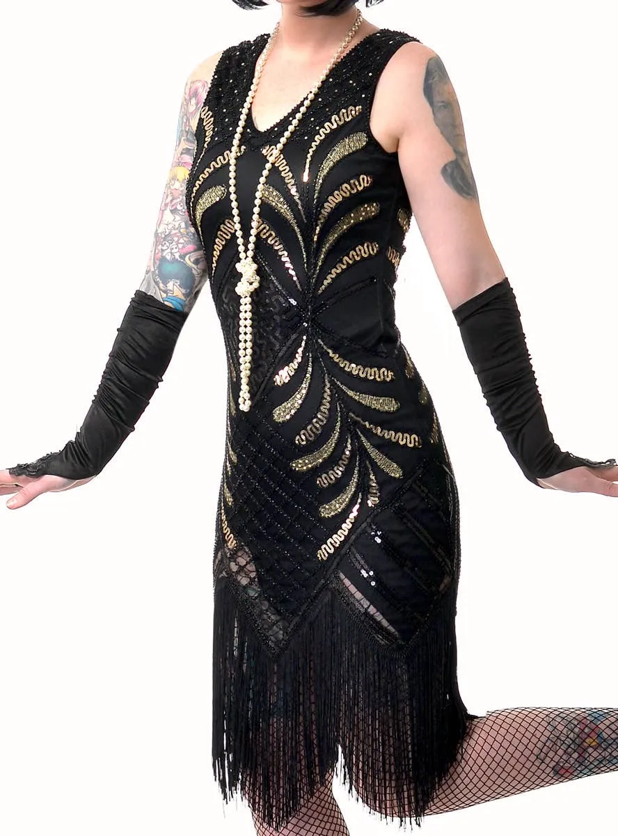 1920s Deluxe Black and Gold Sequin Womens Gatsby Costume