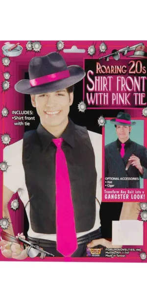 1920s Gangster Mens Black Mock Shirt with Pink Tie