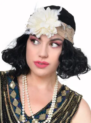 1920s Gatsby Black and Beige Lace Hat with Cream Flower