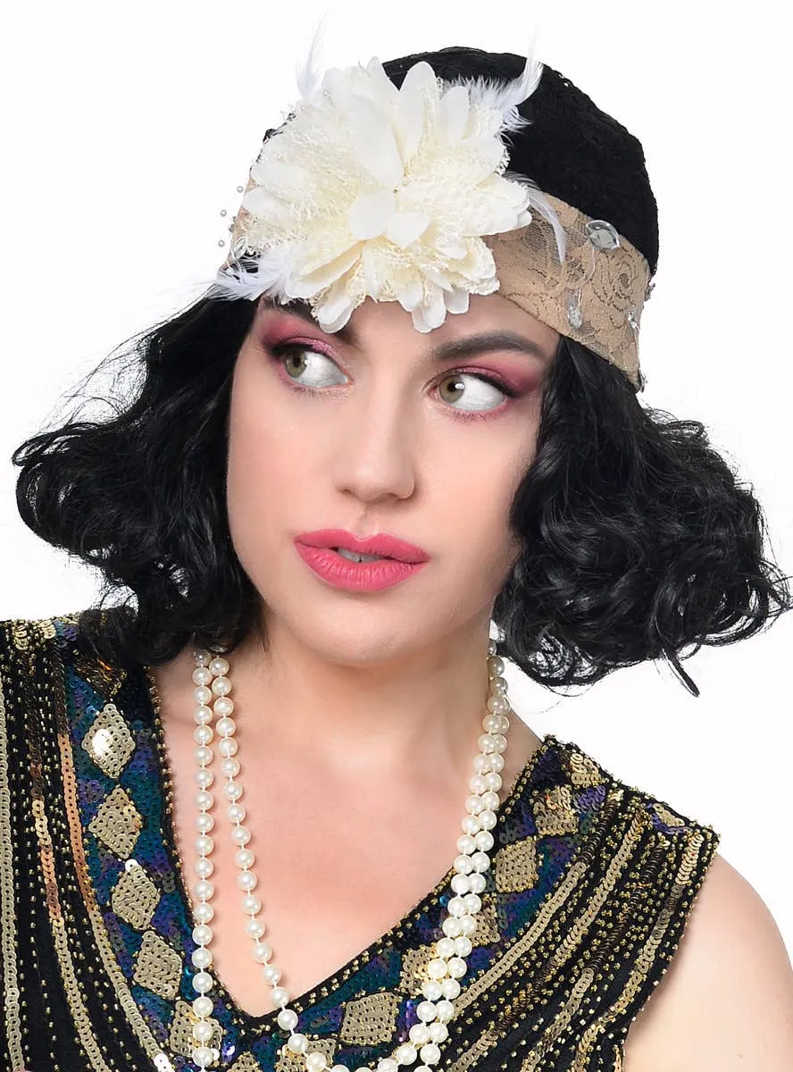 1920s Gatsby Black and Beige Lace Hat with Cream Flower