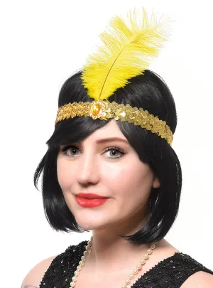 1920s Gold Sequin Flapper Costume Headband with Large Feather