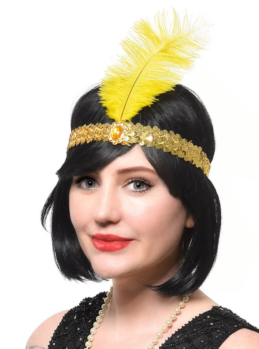1920s Gold Sequin Flapper Costume Headband with Large Feather