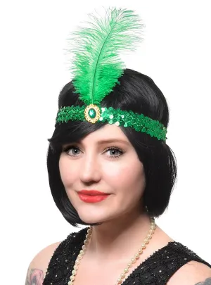 1920s Green Sequin Flapper Costume Headband with Large Feather