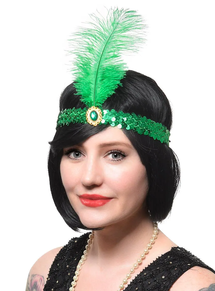 1920s Green Sequin Flapper Costume Headband with Large Feather