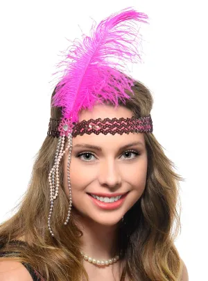 1920s Hot Pink Feather Flapper Headband with Beads