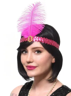 1920s Hot Pink Sequin Flapper Costume Headband with Large Feather