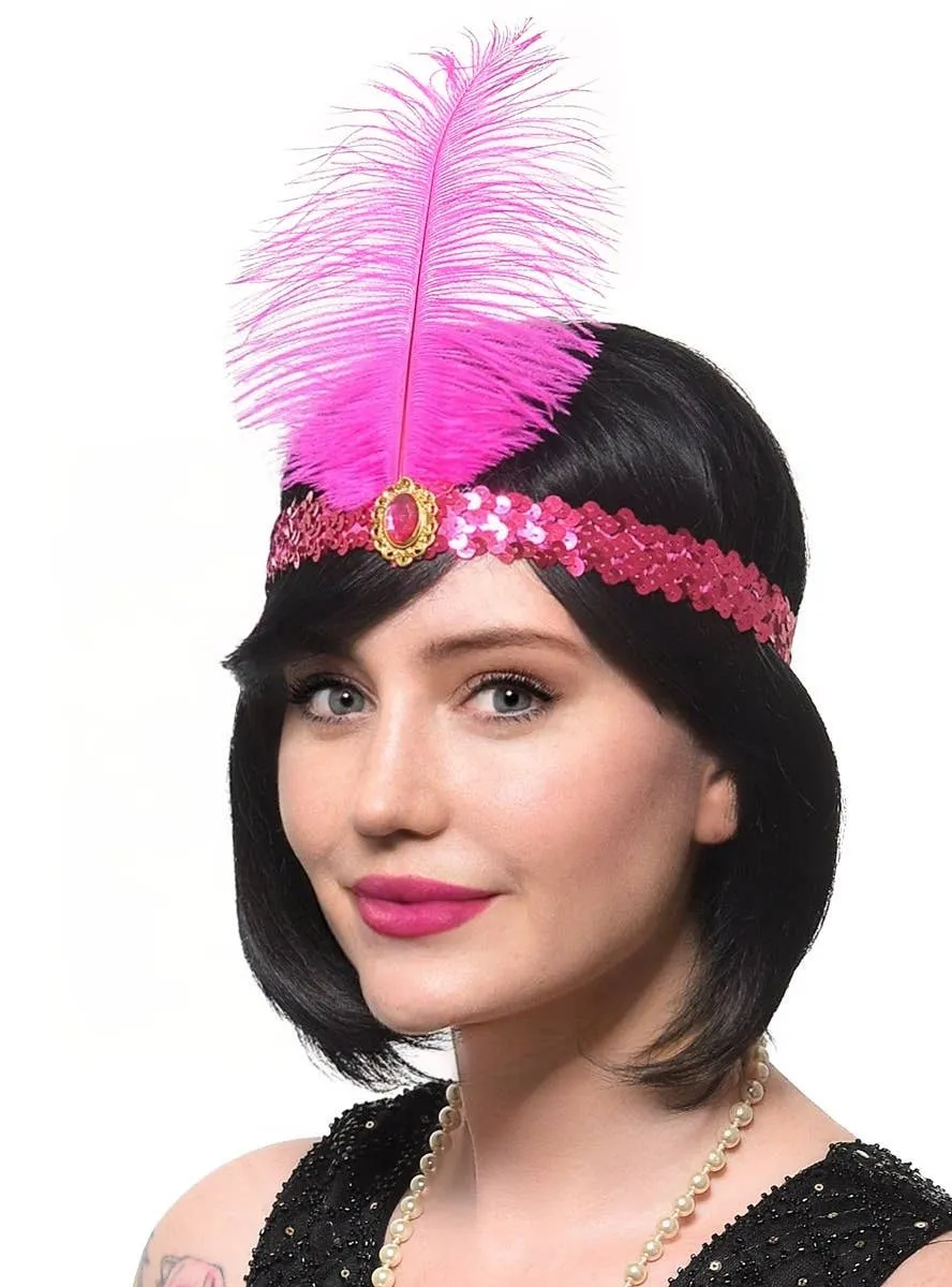 1920s Hot Pink Sequin Flapper Costume Headband with Large Feather