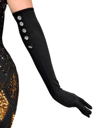 1920s Long Black Costume Gloves with Jewel Buttons