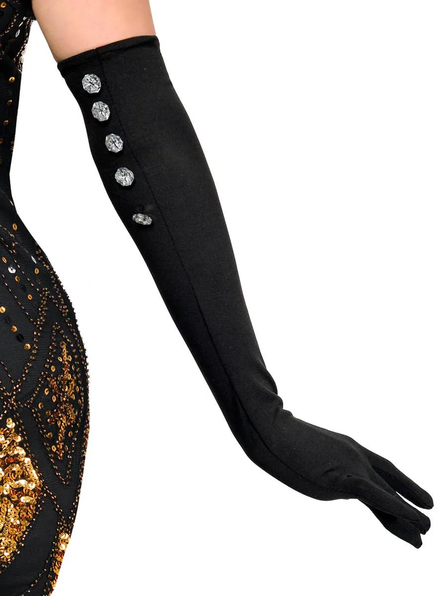 1920s Long Black Costume Gloves with Jewel Buttons