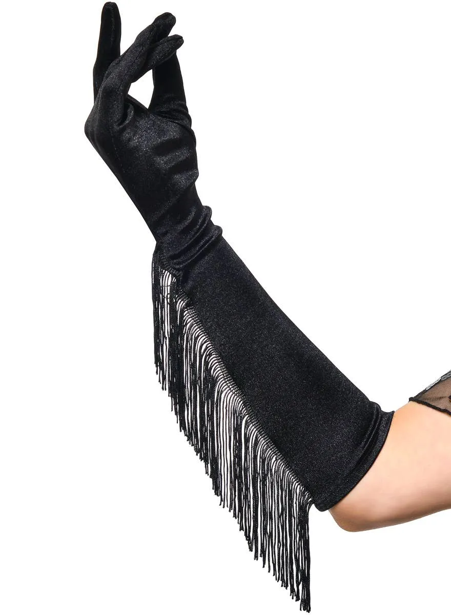 1920s Long Black Costume Gloves with Tassels