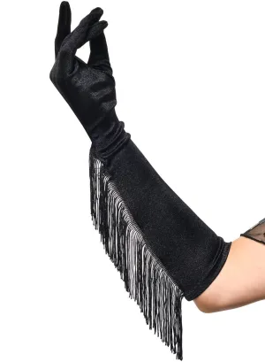 1920s Long Black Costume Gloves with Tassels