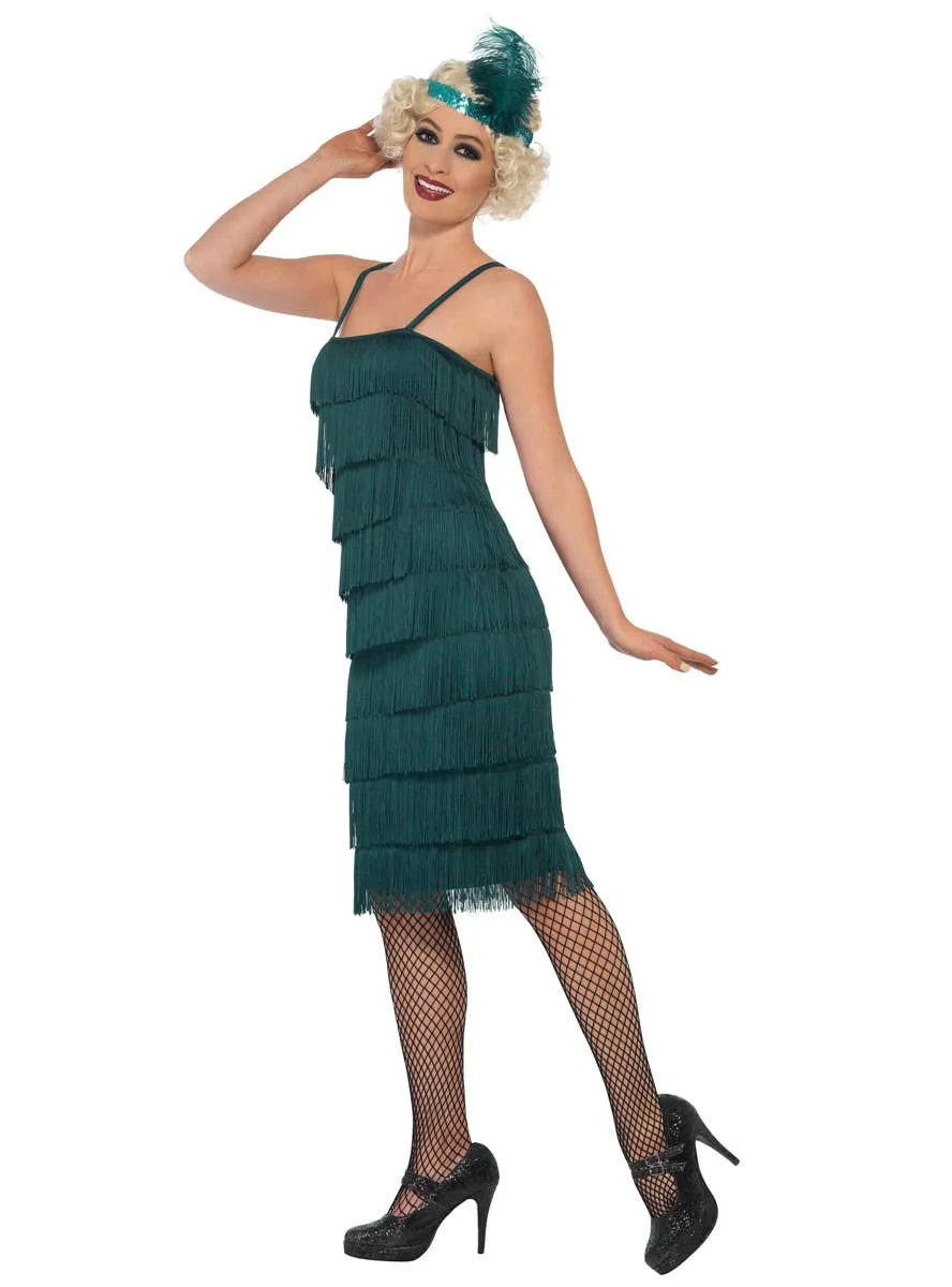 1920s Long Teal Green Womens Flapper Dress Costume