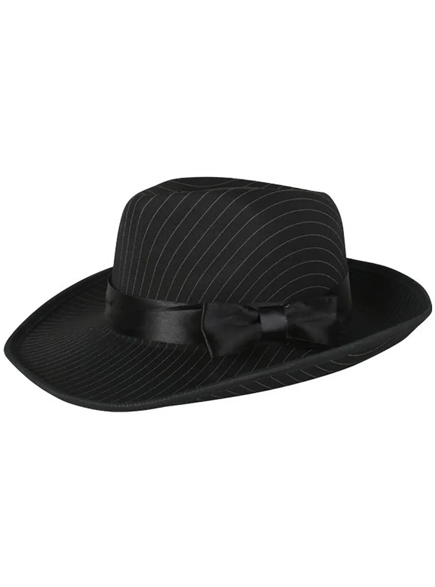 1920s Mens Black Gangster Fedora Hat with Pinstripes