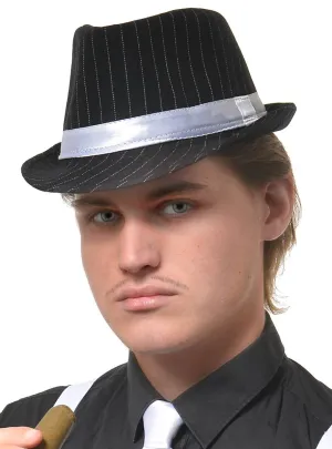 1920s Mens Black Gangster Pinstriped Trilby Hat with White Band