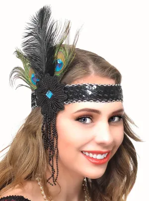 1920s Peacock Feather Flapper Headband with Beads and Flower