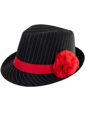 1920s Pinstripe Black Fedora Hat with Red Band