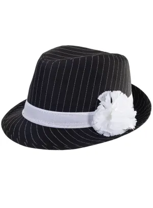 1920s Pinstripe Black Fedora Hat with White Band