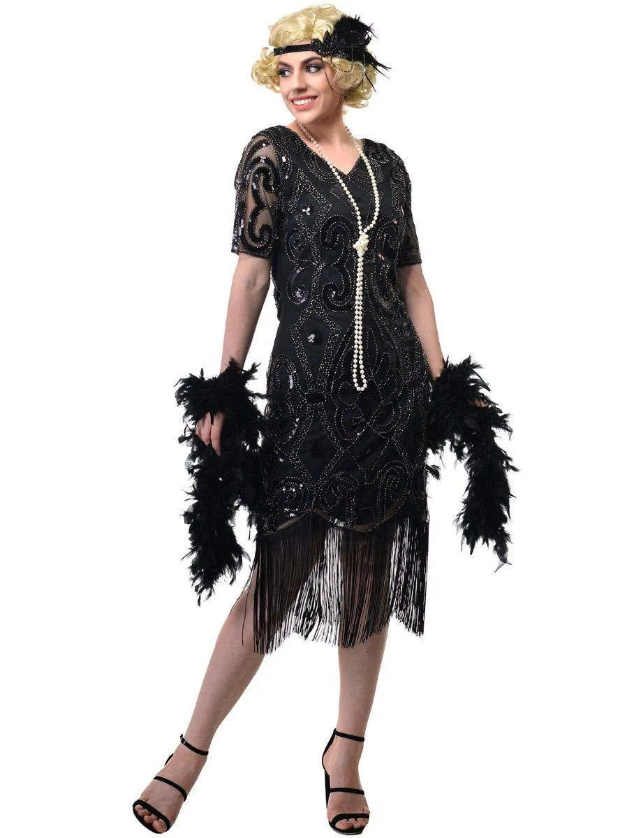 1920s Plus Size Womens Black Sequin Gatsby Dress with Short Sleeves