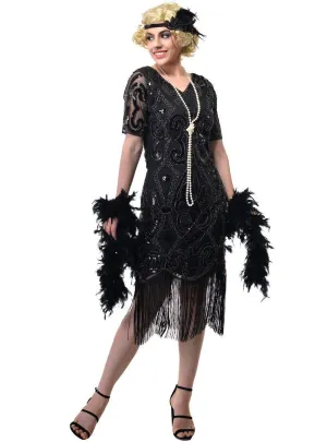 1920s Plus Size Womens Black Sequin Gatsby Dress with Short Sleeves