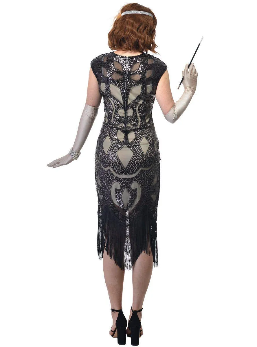 1920s Plus Size Womens Cream and Black Sequin Gatsby Dress