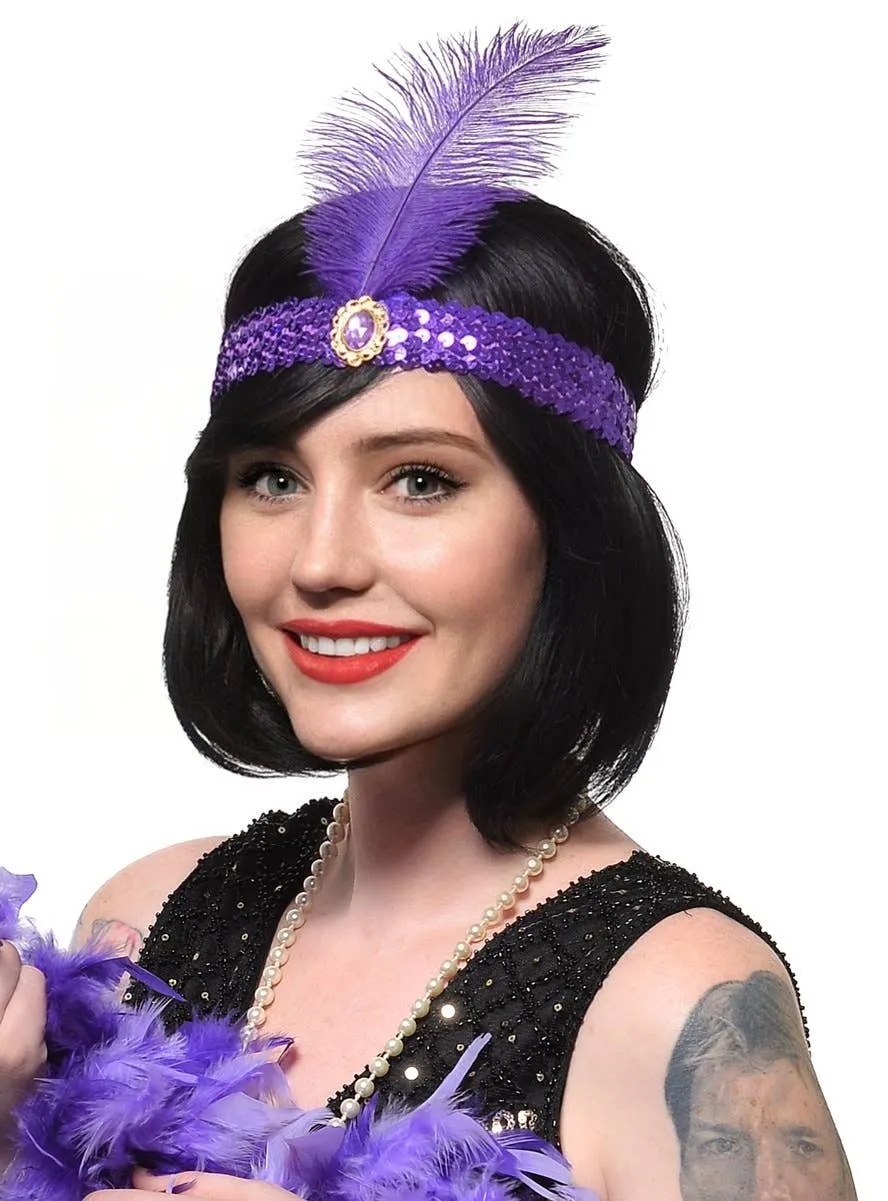 1920s Purple Sequin Flapper Costume Headband with Large Feather