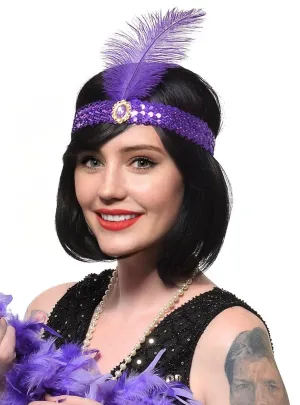 1920s Purple Sequin Flapper Costume Headband with Large Feather