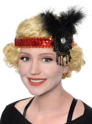 1920s Red and Black Sequinned Flapper Headband