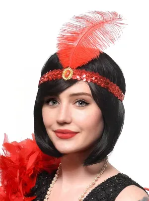 1920s Red Sequin Flapper Costume Headband with Large Feather