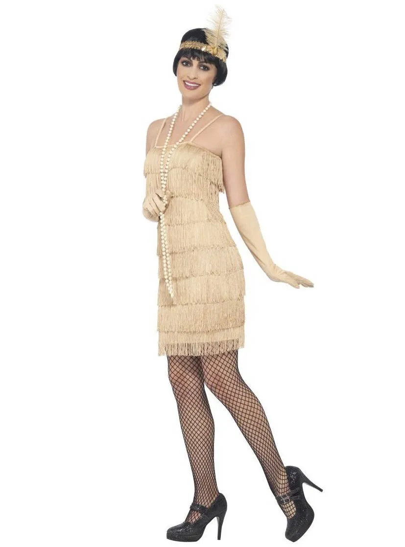 1920s Short Gold Fringed Womens Flapper Dress Costume
